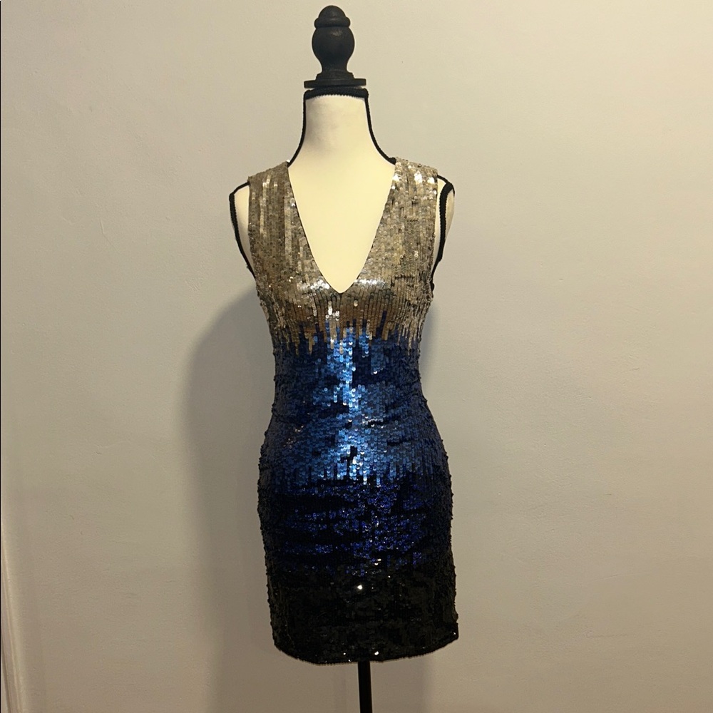 Alice + Olivia Silver and Blue Sequin Mini Dress